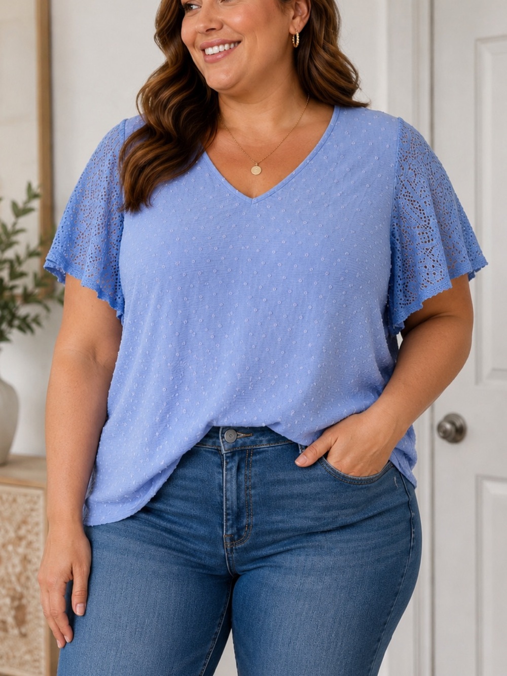 NWT BloomChic Blue Dotted v neck Blouse with Knit Sleeves Size 12